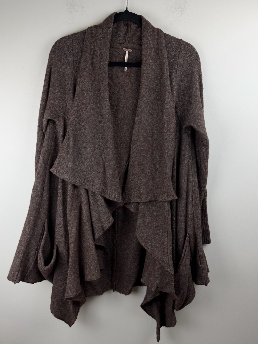 Free People Women's Wool Blended Angora Brown Drape Cardigan Pockets Size M